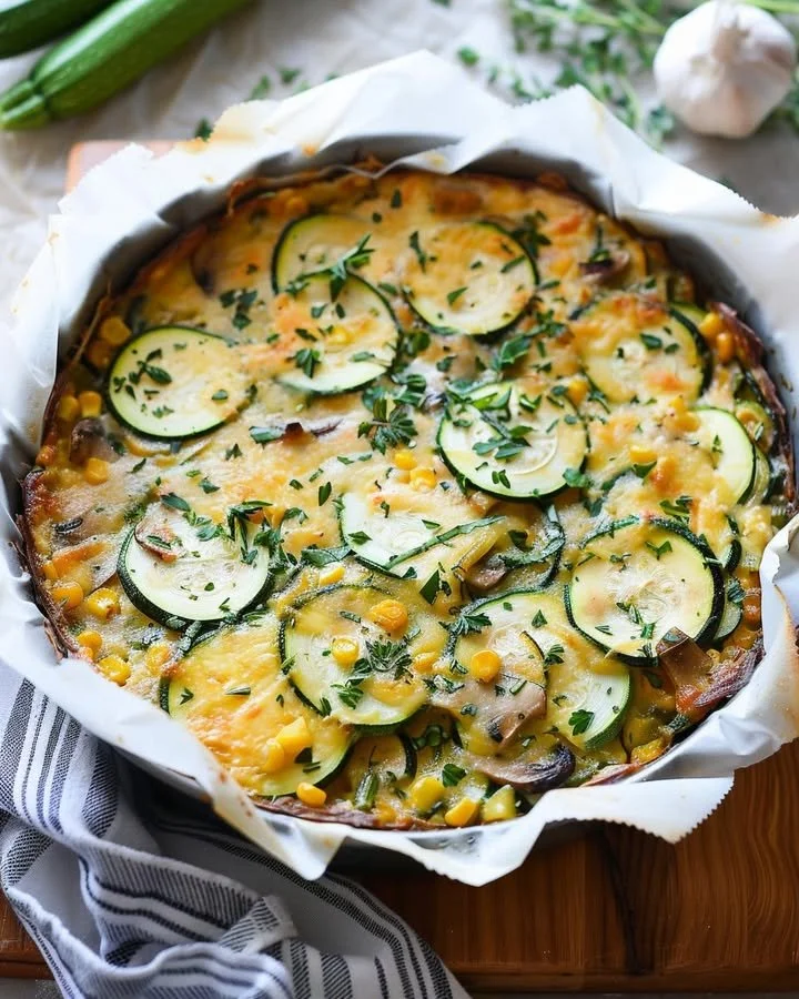 Delicious sweet corn and zucchini pie served on a rustic table.