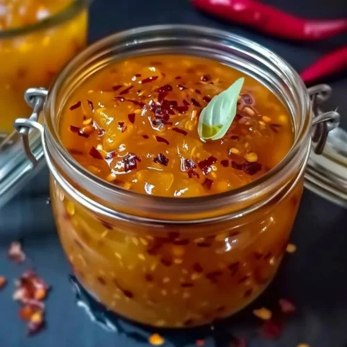 Sweet pineapple ginger sauce in a bowl garnished with fresh ginger and pineapple pieces.
