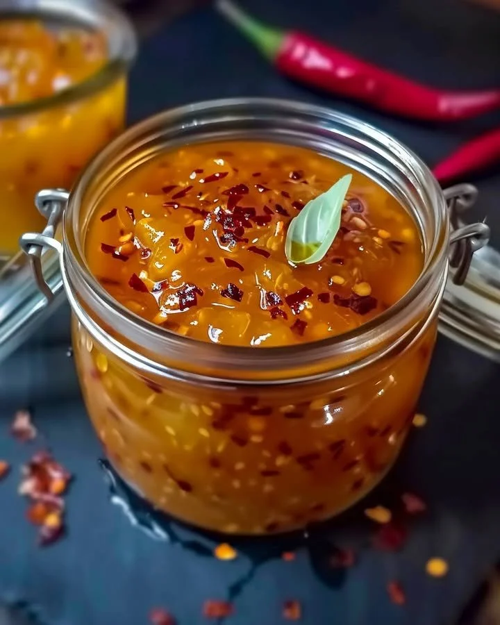 Sweet pineapple ginger sauce in a bowl garnished with fresh ginger and pineapple pieces.