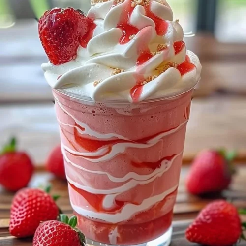 Delicious Strawberries & Cream Frappuccino topped with whipped cream and fresh strawberries.