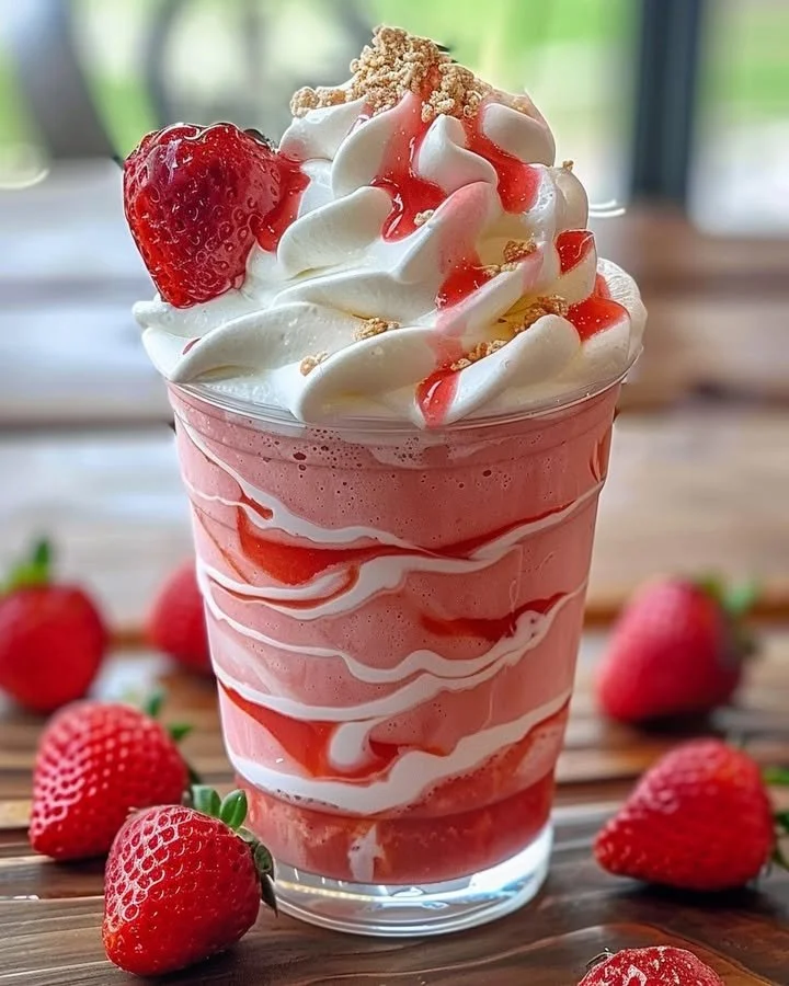 Delicious Strawberries & Cream Frappuccino topped with whipped cream and fresh strawberries.