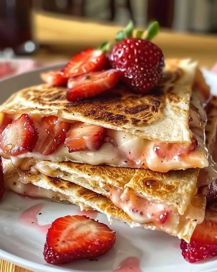 Delicious sweet strawberry cheesecake quesadillas on a plate