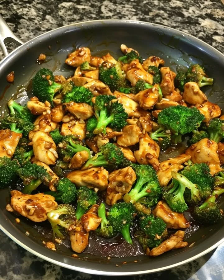 Plate of Szechuan-Style Chicken with Broccoli garnished with herbs.
