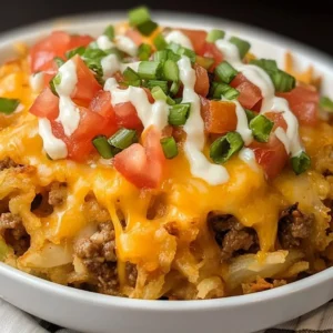 Taco Beef and Hash Brown Casserole served in a baking dish