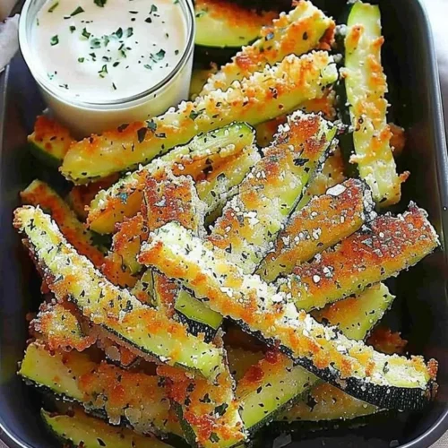 Crispy Parmesan Zucchini Fries served on a plate with dipping sauce