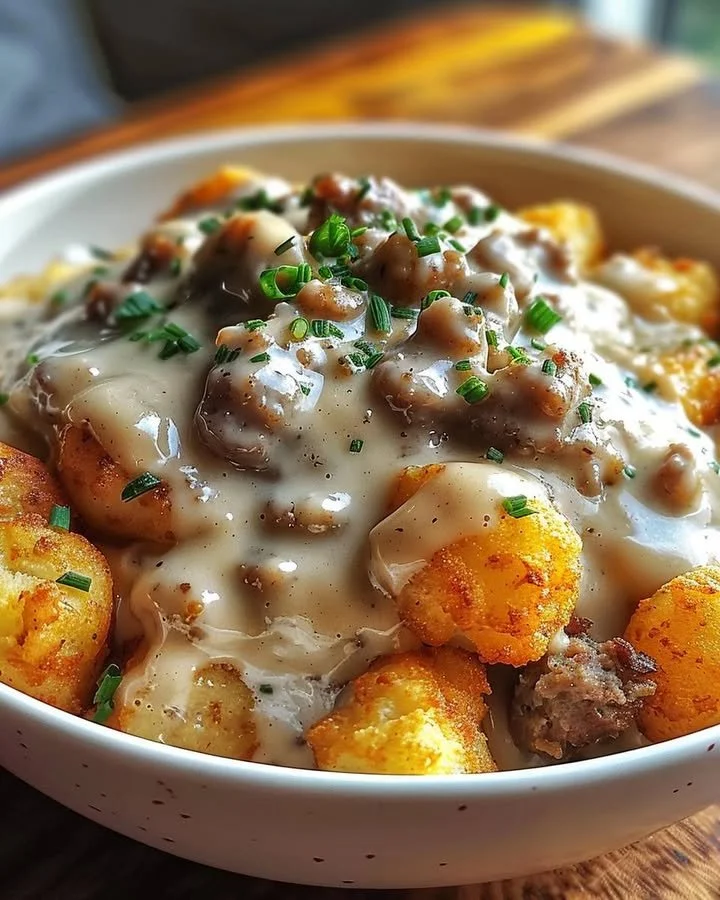 Tater Tot Breakfast Bowl topped with creamy sausage gravy and garnished with herbs