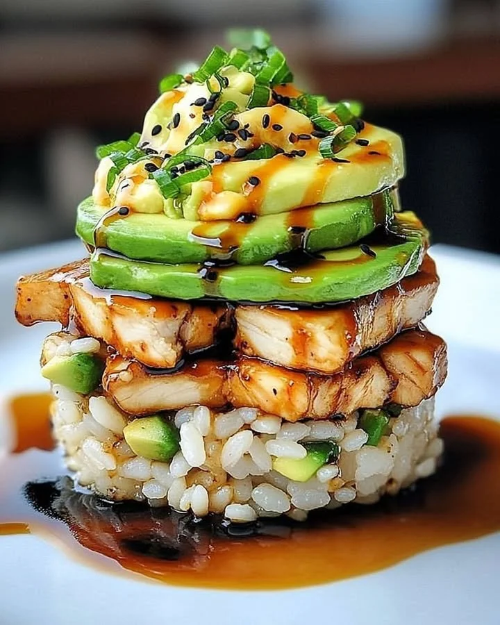 Teriyaki chicken avocado rice stack topped with fresh ingredients