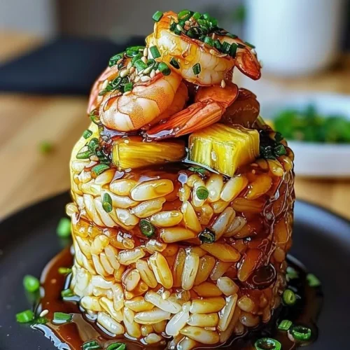 Delicious teriyaki shrimp served over pineapple rice stack.
