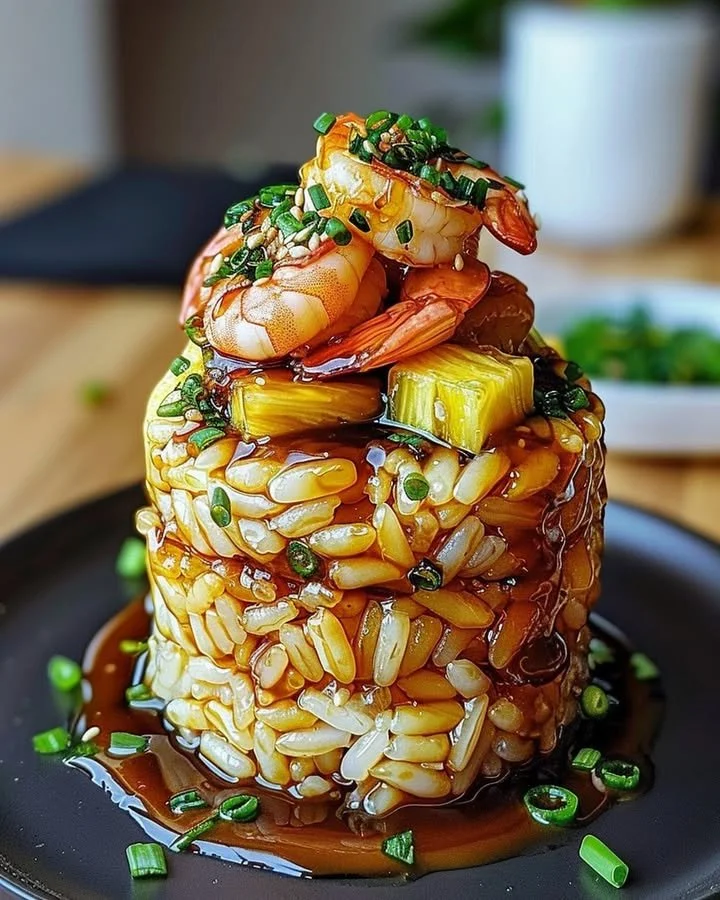 Delicious teriyaki shrimp served over pineapple rice stack.
