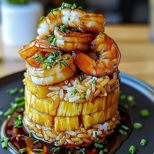 Delicious Teriyaki Shrimp served with Pineapple Rice Stack