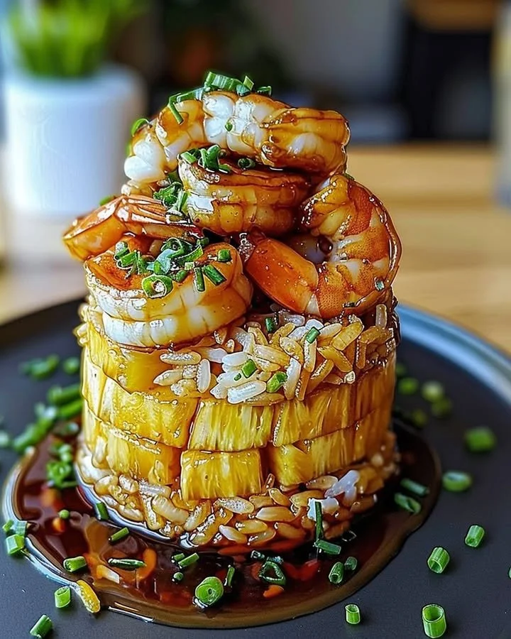 Delicious Teriyaki Shrimp served with Pineapple Rice Stack
