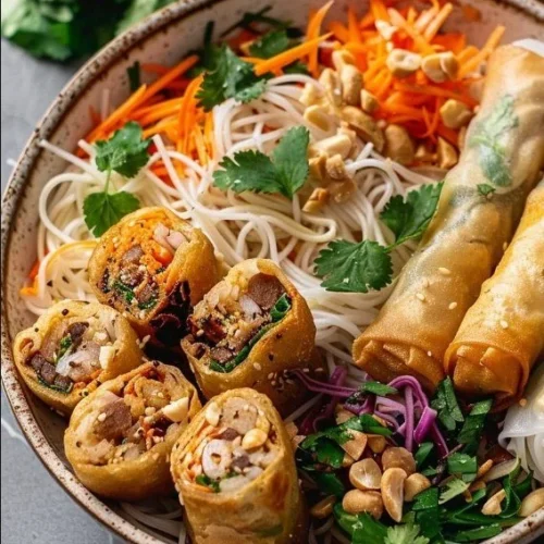 Thai Peanut Spring Roll Noodle Bowl featuring fresh ingredients and vibrant flavors.