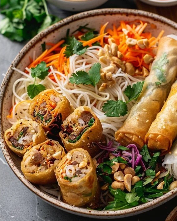 Thai Peanut Spring Roll Noodle Bowl featuring fresh ingredients and vibrant flavors.