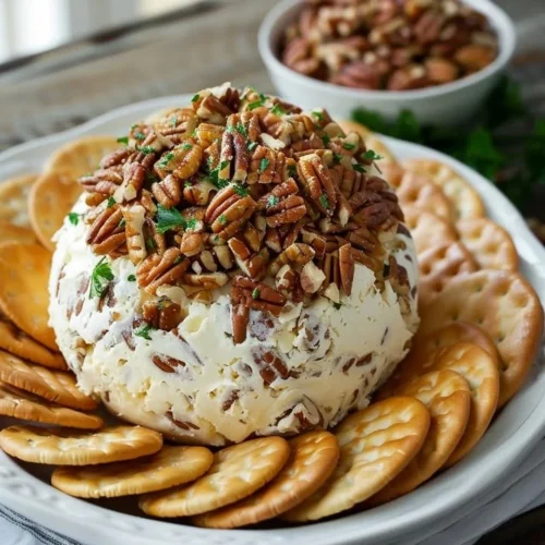 Delicious homemade cheese ball garnished with herbs and served with crackers