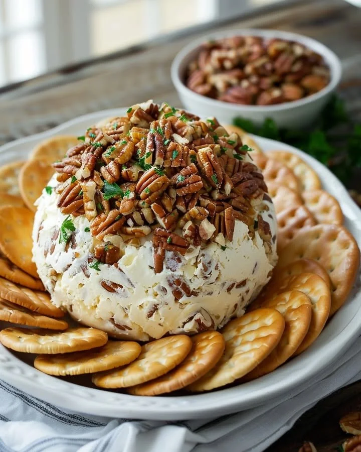 Delicious homemade cheese ball garnished with herbs and served with crackers