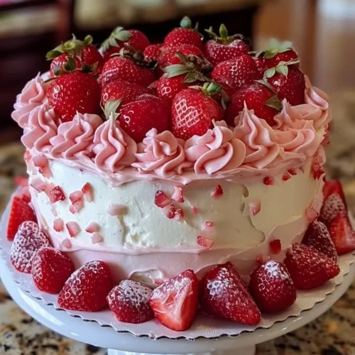 Sliced strawberry cake topped with fresh strawberries and whipped cream