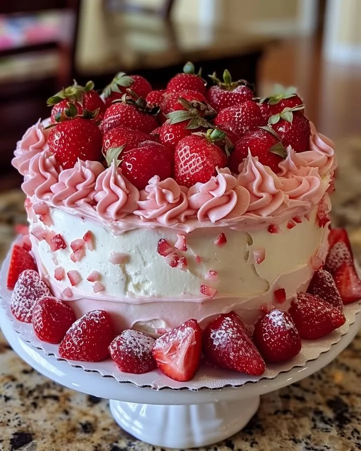 Sliced strawberry cake topped with fresh strawberries and whipped cream