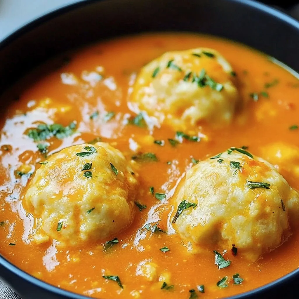 Delicious tomato soup topped with fluffy cheddar dumplings in a bowl.