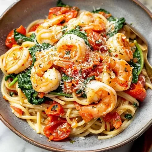 Delicious Tomato Spinach Shrimp Pasta featuring fresh ingredients and vibrant colors.
