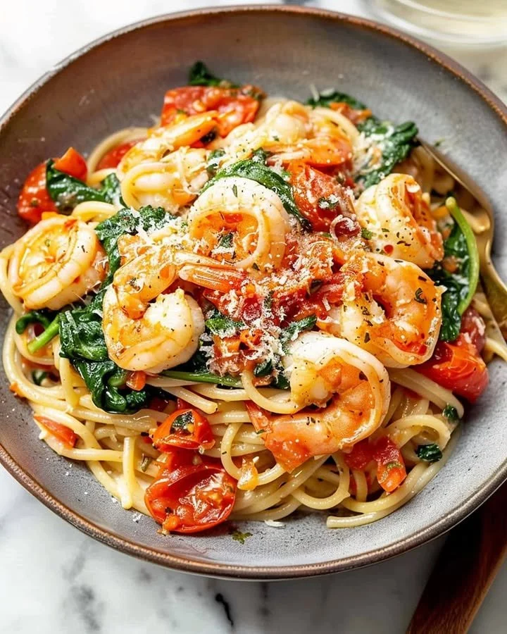 Delicious Tomato Spinach Shrimp Pasta featuring fresh ingredients and vibrant colors.