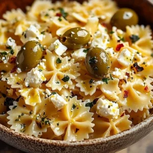 A bowl of tossed pasta with olives and feta cheese garnished with fresh herbs.