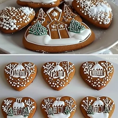 Decorated traditional gingerbread cookies with a winter village theme