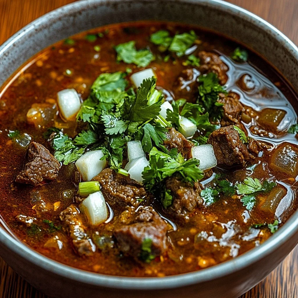 Bowl of traditional Mexican Birria with tender meat and spices