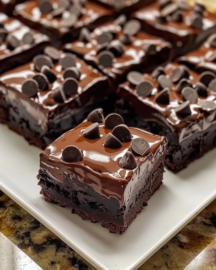 Delicious triple chocolate fudge brownies topped with chocolate chunks