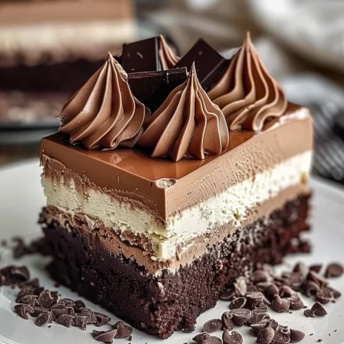 Triple Chocolate Mousse Torte with layers of rich chocolate and creamy mousse