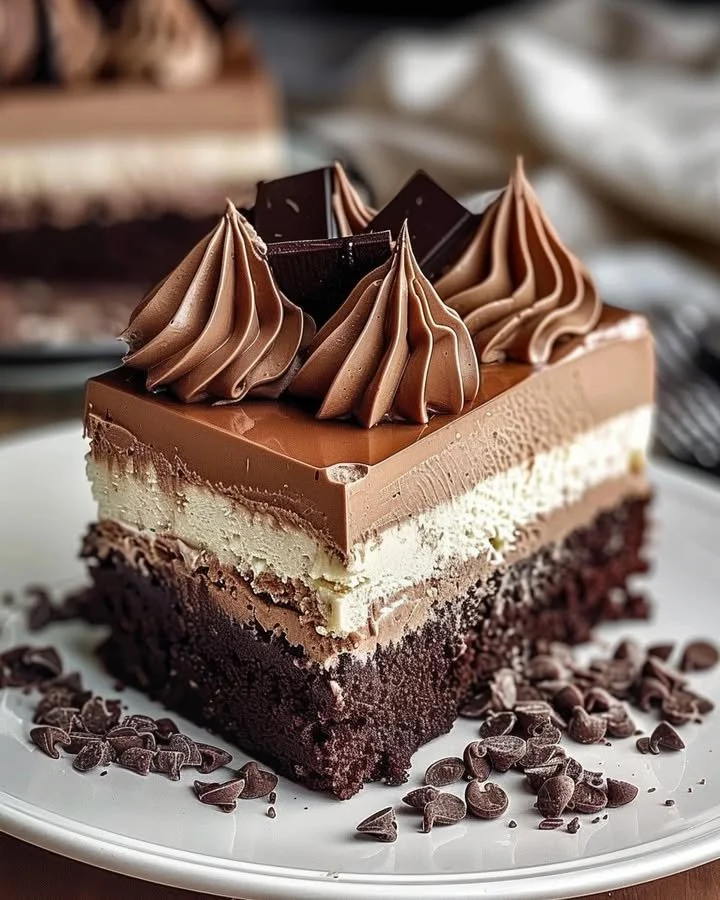 Triple Chocolate Mousse Torte with layers of rich chocolate and creamy mousse