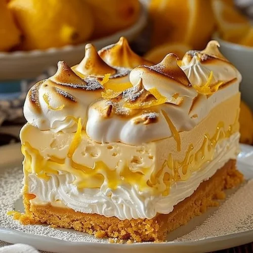 Delicious triple lemon meringue cheesecake topped with fluffy meringue