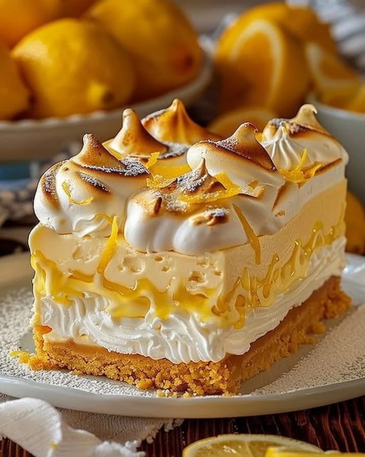 Delicious triple lemon meringue cheesecake topped with fluffy meringue