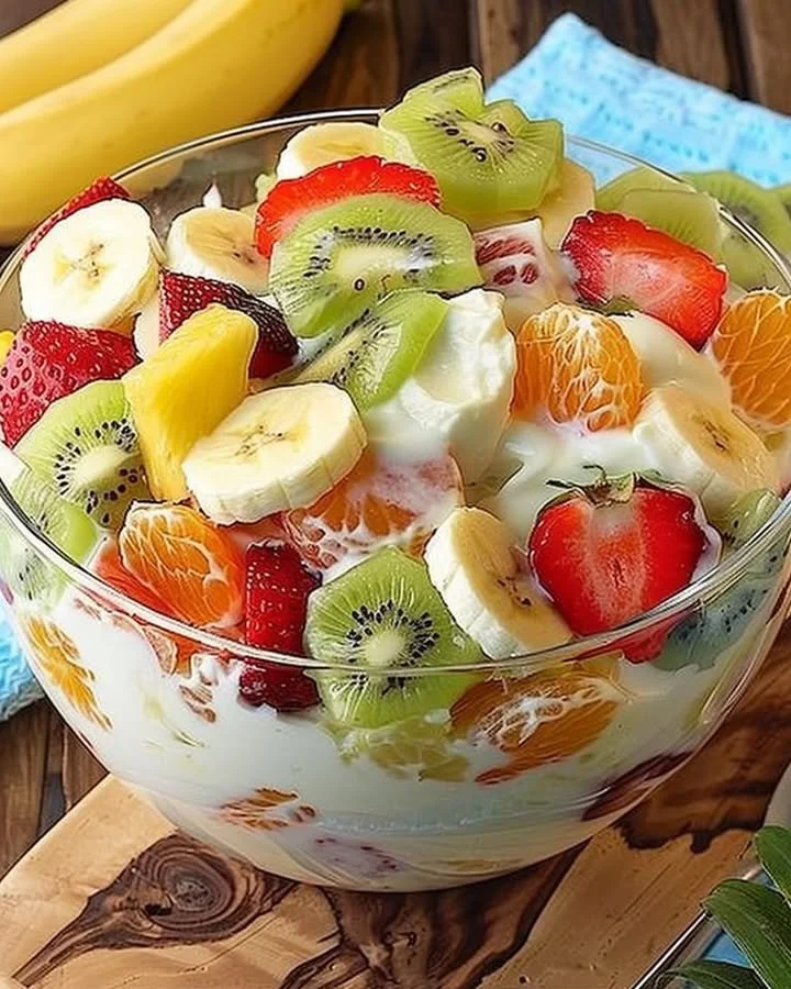 Tropical cheesecake fruit salad with mixed fruits on a plate.