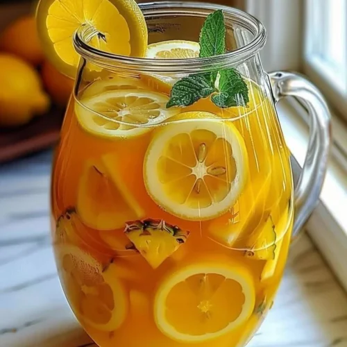 Refreshing Tropical Pineapple Lemonade Punch in a glass with garnishes