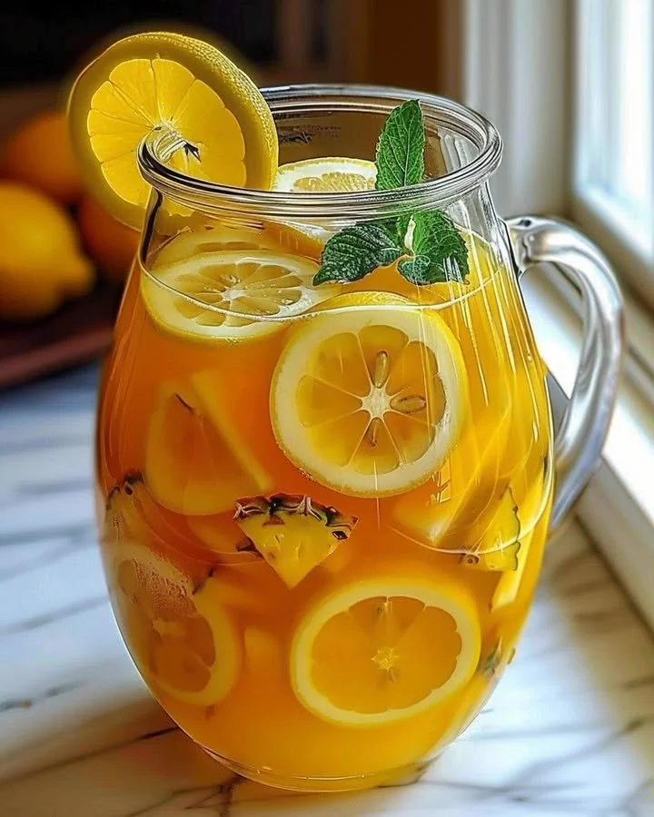 Refreshing Tropical Pineapple Lemonade Punch in a glass with garnishes