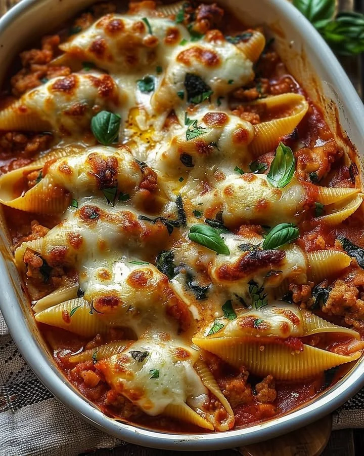 Turkey and Spinach Stuffed Shells recipe with creamy sauce and cheese topping.