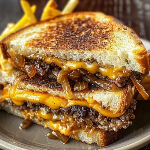Delicious Ultimate Patty Melt with grilled onions and melted cheese on toasted bread