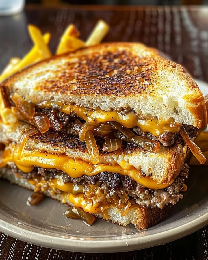 Delicious Ultimate Patty Melt with grilled onions and melted cheese on toasted bread