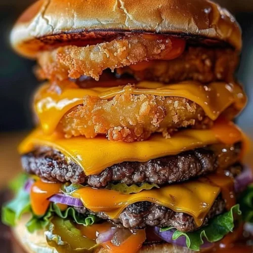 Ultimate Triple Cheeseburger with crispy onion rings on a plate