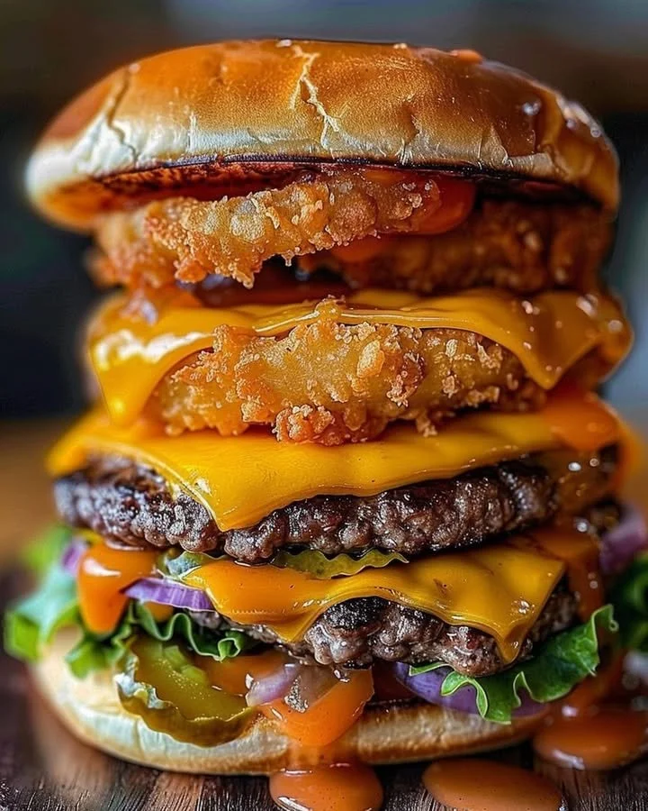 Ultimate Triple Cheeseburger with crispy onion rings on a plate