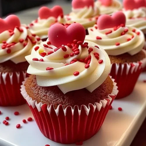 Deliciously decorated Valentine’s Day cupcakes with pink and red frosting