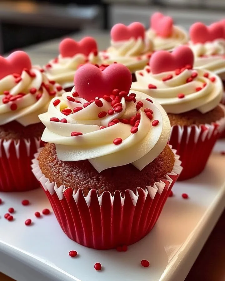 Deliciously decorated Valentine’s Day cupcakes with pink and red frosting