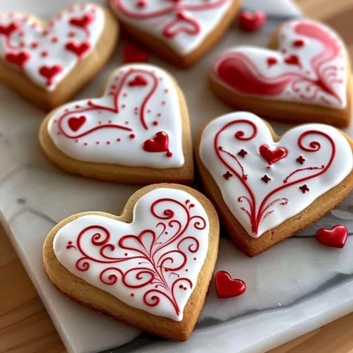 Valentine's Day decorated royal icing cookies in heart shapes.