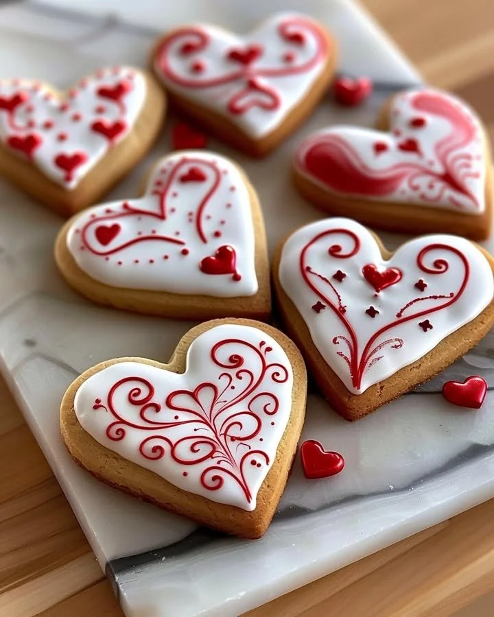 Valentine's Day decorated royal icing cookies in heart shapes.