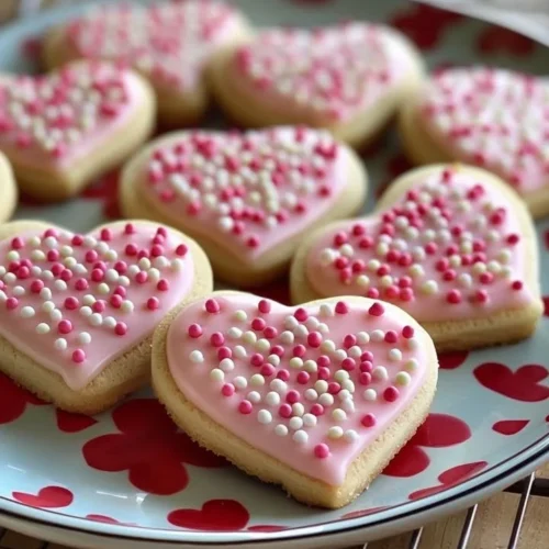 Valentine's Day sugar cookies decorated with hearts and pink icing