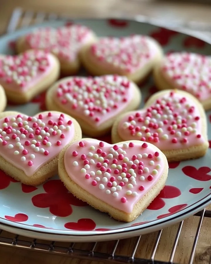 Valentine's Day sugar cookies decorated with hearts and pink icing