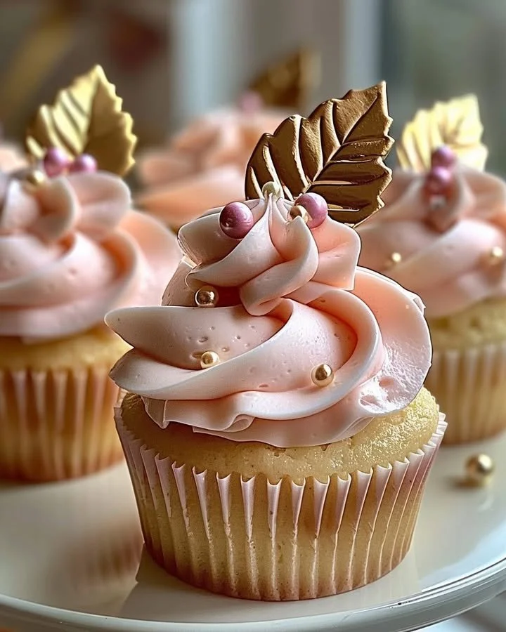 Vanilla cupcakes decorated with blush pink buttercream frosting on a decorative plate