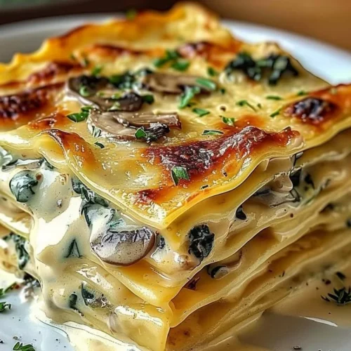 Vegetarian creamy spinach and mushroom lasagna topped with ricotta and mozzarella cheese
