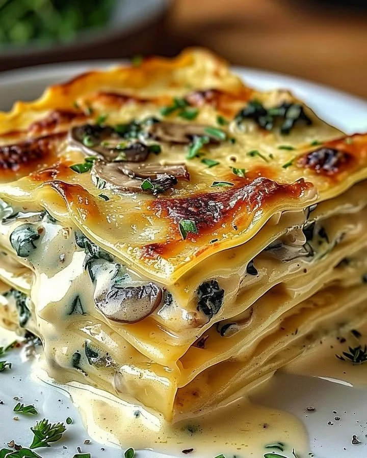 Vegetarian creamy spinach and mushroom lasagna topped with ricotta and mozzarella cheese