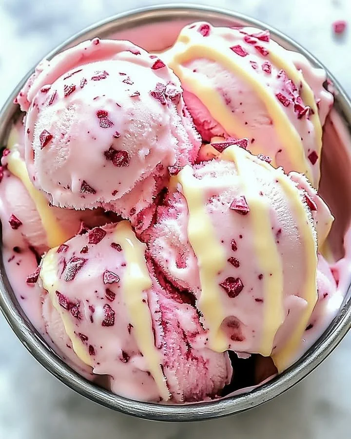 Delicious velvet ice cream with white chocolate drizzles